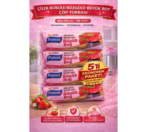 Polmix Çilek Kokulu Büzgülü Büyük Boy Çöp Torbası 65x70 cm 10'lu 5 Paket Dayanıklı Sızdırmaz Çöp Poşeti