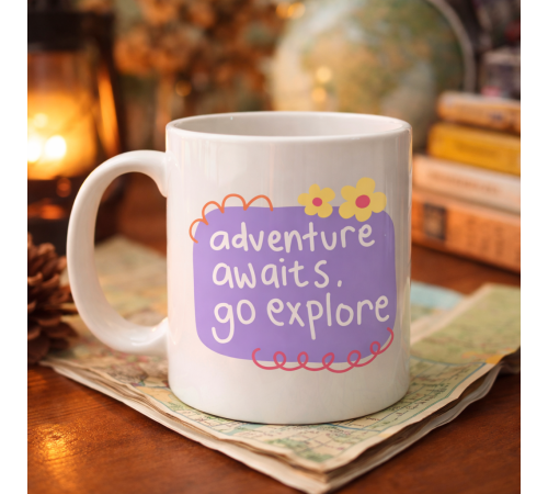 Adventure Awaits Go Explore Yazılı Porselen Kupa MODEL 157 – Motivasyon Temalı, Sevimli Tasarım, Kahve & Çay Kupası