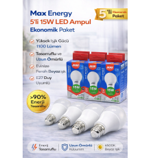Max Energy 15W LED Ampul E27 Duy 6500K Beyaz Işık 1100 Lümen Tasarruflu Ampul 5 Adet