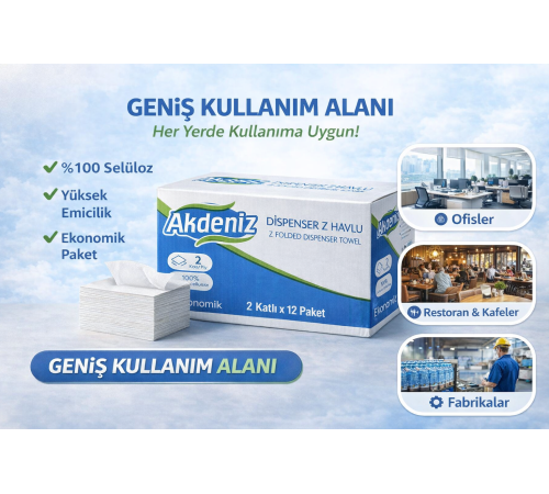 Akdeniz Dispenser Z Havlu 2 Katlı 12 Paket | %100 Selüloz | Ekonomik Z Katlı Kağıt Havlu