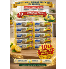 Polmix Limon Kokulu Büzgülü Büyük Boy Çöp Torbası 65x70 cm 10'lu 10 Paket Dayanıklı Sızdırmaz Çöp Poşeti
