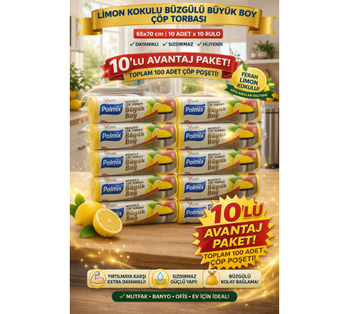 Polmix Limon Kokulu Büzgülü Büyük Boy Çöp Torbası 65x70 cm 10'lu 10 Paket Dayanıklı Sızdırmaz Çöp Poşeti