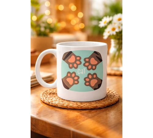 Kedi Patili Sevimli Tasarım Porselen Kupa MODEL 71 – Cat Yazılı, Kahve & Çay Kupası – Hayvanseverlere Özel Hediye