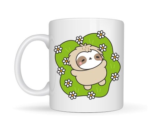 Çiçekli Tembel Hayvan Desenli Porselen Kupa MODEL 110 – Sevimli Sloth Tasarımlı Kahve Kupası , Huzur Veren Hediye