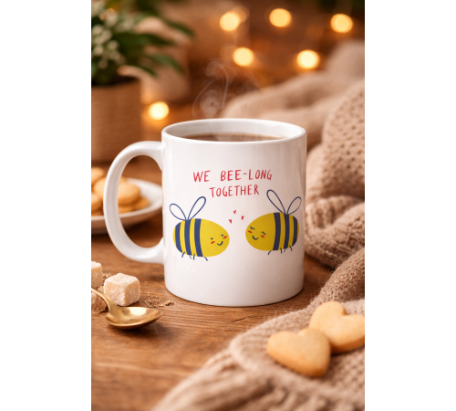 Model 24 We Bee-Long Together Yazılı Sevimli Arı Tasarımlı Porselen Kupa - Sevgiliye Arkadaşa Özel Hediye