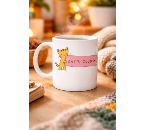 Cat’s Club Kedi Desenli Porselen Kupa MODEL 68 – Sevimli Turuncu Kedi Figürlü, Kahve & Çay Kupası, Kedi Severlere Özel Hediye