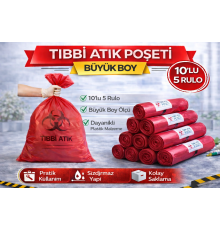 Tıbbi Atık Poşeti Büyük Boy 10'lu 5 Rulo Kırmızı Tıbbi Atık Atık Poşeti Seti