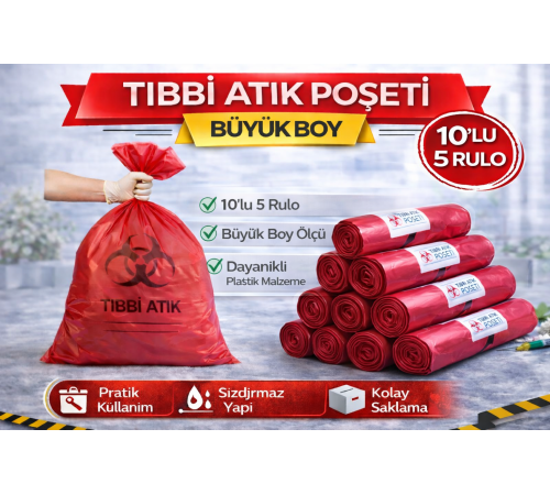 Tıbbi Atık Poşeti Büyük Boy 10'lu 5 Rulo Kırmızı Tıbbi Atık Atık Poşeti Seti