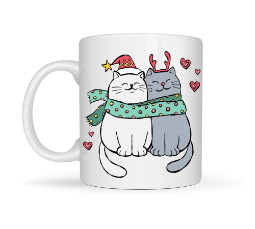 Sevimli Kedi Figürlü Yılbaşı Temalı Porselen Kupa MODEL 75 – Aşık Kediler Desenli, Sıcacık Tasarım, Kahve & Çay Kupası