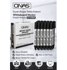 Onas Siyah Beyaz Tahta Kalemi Whiteboard Marker Düşük Kokulu 12 Adet Kutu