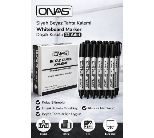 Onas Siyah Beyaz Tahta Kalemi Whiteboard Marker Düşük Kokulu 12 Adet Kutu