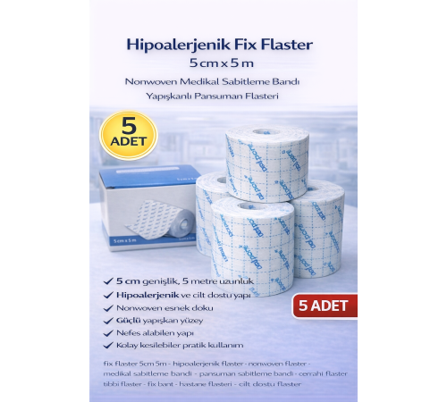 Hipoalerjenik Fix Flaster 5 cm x 5 m 5 Adet Nonwoven Medikal Sabitleme Bandı Yapışkanlı Pansuman Flasteri