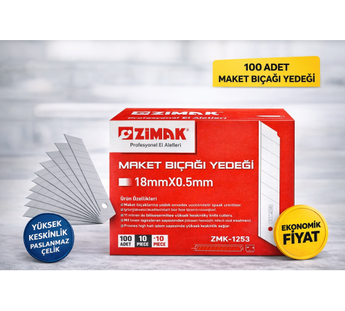 Zimak 18mm Maket Bıçağı Yedeği 0.5mm Karbon Çelik Profesyonel Kesici Uç 10’lu 10 Paket