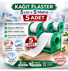 Kağıt Flaster 5 cm x 5 m 5 Adet Medikal Sabitleme Bandı Hassas Ciltler İçin