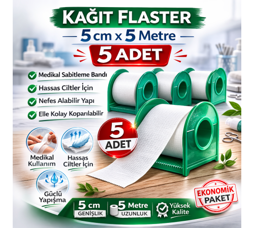 Kağıt Flaster 5 cm x 5 m 5 Adet Medikal Sabitleme Bandı Hassas Ciltler İçin