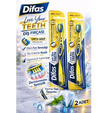 Difaş Love Your Teeth Diş Fırçası 2 Adet Orta Sert Medium Ergonomik Saplı Manuel Diş Fırçası