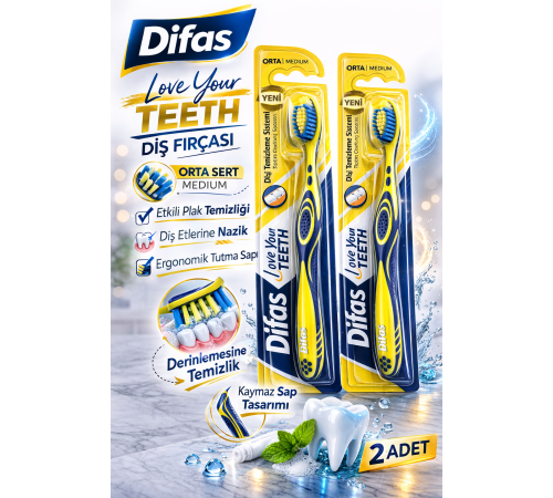 Difaş Love Your Teeth Diş Fırçası 2 Adet Orta Sert Medium Ergonomik Saplı Manuel Diş Fırçası