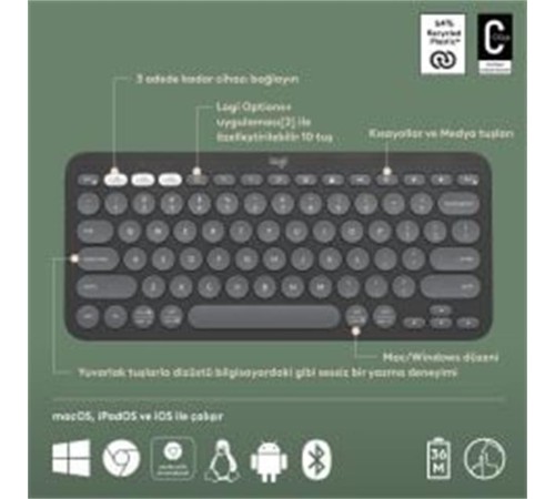 LOGITECH K380S PEBBLE KEYS 2 ÇOKLU CİHAZ ÖZELLİKLİ BLUETOOTH TÜRKÇE Q KLAVYE GRİ 920-011859