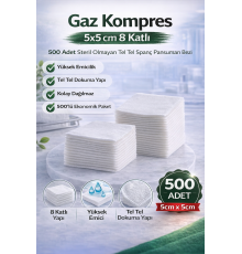 Gaz Kompres 5x5 cm 8 Katlı 500 Adet Steril Olmayan Tel Tel Spanç Pansuman Bezi