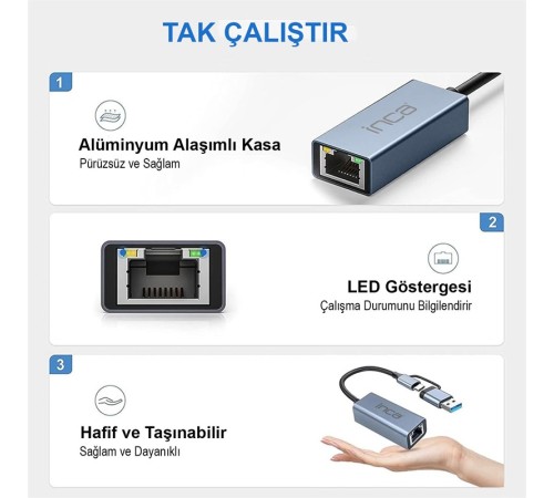 INCA IUTP-01T USB 3.0 TYPE-C 3.1 ETHERNET RJ45 1000MBPS ALUMINYUM KASA