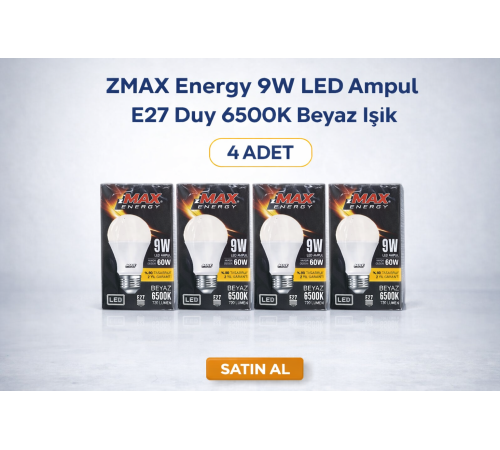 ZMAX Energy 9W LED Ampul E27 Duy 6500K Beyaz Işık 720 Lümen 60W Eşdeğer Enerji Tasarruflu 4 Adet