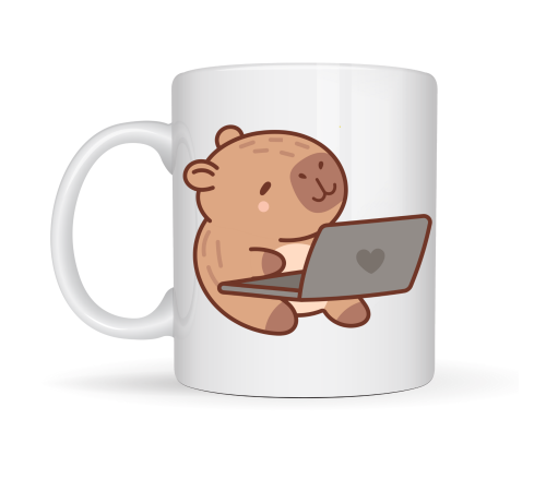 Sevimli Kapibara Laptop Tasarımlı Porselen Kupa MODEL 103 – Ofis & Ev İçin Sıcak Kahve Kupası Hediye Fikirleri