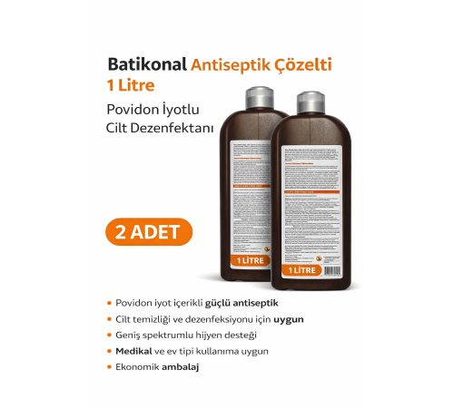 Povidon İyotlu Baticonal Antiseptik Çözelti 1 Litre x 2 Adet Cilt Dezenfektanı Solüsyon
