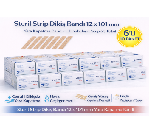 Steril Strip Dikiş Bandı 12 x 101 mm Yara Kapatma Bandı Cilt Sabitleyici Strip 6’lı 10 Paket
