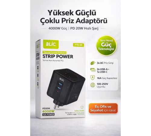 Blic FTR-09 Akım Korumalı Çoklu Priz 4000W 16A USB ve Type-C Hızlı Şarj Özellikli Çoklayıcı Priz