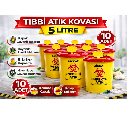 Tıbbi Atık Kovası 5 Litre 10 Adet Kapaklı Tıbbi Atık Kutusu Enfekte Atık Kovası