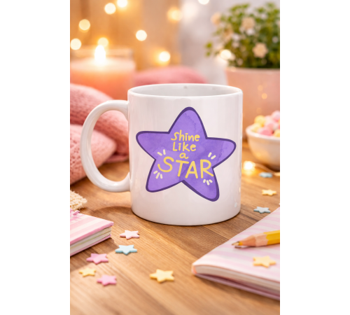 Shine Like a Star – Motivasyon Mesajlı Mor Yıldız Tasarımlı Porselen Kupa MODEL 122 , Günlük Kullanım & Hediye Kupası