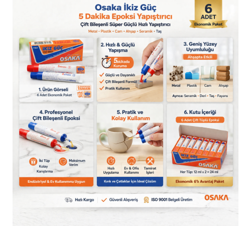 Osaka İkiz Güç 5 Dakika Epoksi Yapıştırıcı Çift Bileşenli Güçlü Hızlı Yapıştırıcı 6 Adet