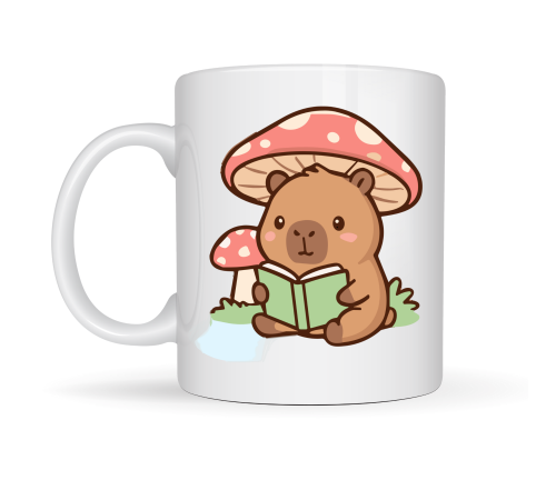 Sevimli Kitap Okuyan Kapibara Desenli Porselen Kupa MODEL 97 – Sıcacık Tasarım, Kahve & Çay Kupası, Hediye Fikri