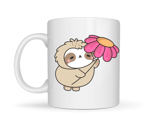 Çiçek Tutan Tembel Hayvan Tasarımlı Porselen Kupa MODEL 107 – Sevimli Kahve Kupası , Hediye & Dekoratif Kupa