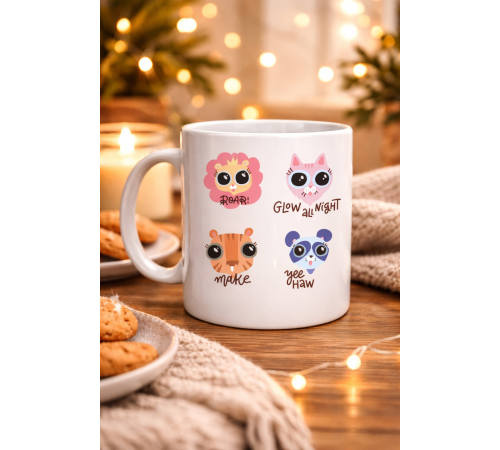 Sevimli Hayvan Figürlü Porselen Kupa MODEL 70 – “Roar • Glow All Night • Make • Yee Haw” Tasarımlı Özel Baskı Kupa