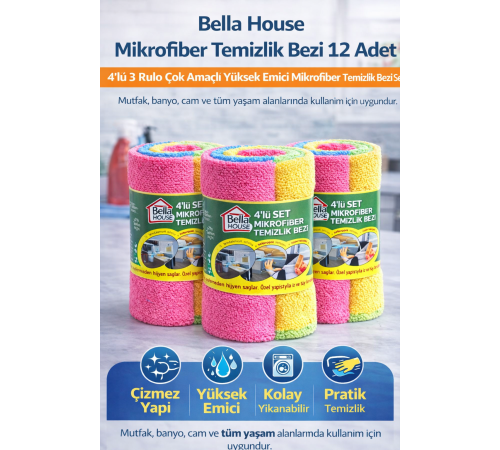 Bella House Mikrofiber Temizlik Bezi 12 Adet (4'lü 3 Rulo) Çok Amaçlı Yüksek Emici Mikrofiber Temizlik Bezi Seti