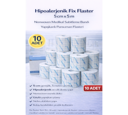 Hipoalerjenik Fix Flaster 5 cm x 5 m 10 Adet Nonwoven Medikal Sabitleme Bandı Yapışkanlı Pansuman Flasteri
