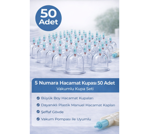 5 Numara Hacamat Kupası 50 Adet Vakumlu Kupa Seti – Manuel Pompa Uyumlu Şeffaf Plastik Büyük Boy Hacamat Kabı