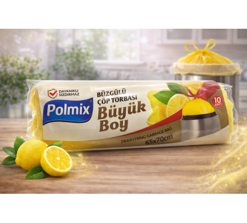 Polmix Limon Kokulu Büzgülü Büyük Boy Çöp Torbası 65x70 cm 10'lu 1 Paket Dayanıklı Sızdırmaz Çöp Poşeti