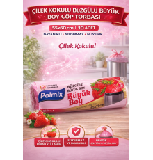 Polmix Çilek Kokulu Büzgülü Büyük Boy Çöp Torbası 65x70 cm 10'lu 1 Paket Dayanıklı Sızdırmaz Çöp Poşeti