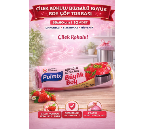 Polmix Çilek Kokulu Büzgülü Büyük Boy Çöp Torbası 65x70 cm 10'lu 1 Paket Dayanıklı Sızdırmaz Çöp Poşeti