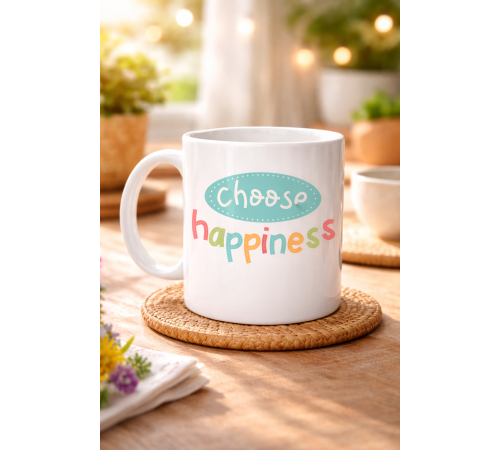 Choose Happiness "MUTLULUĞU SEÇ" Yazılı Porselen Kupa MODEL 156 – Motivasyon Kupası – Renkli Tasarım – Kahve & Çay Kupası – Mutluluk Temalı Hediye