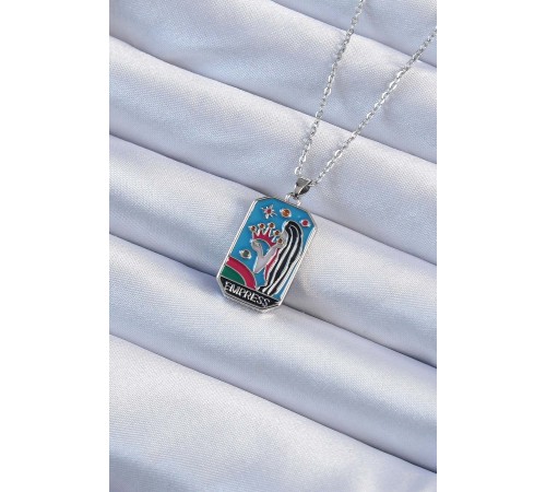 316L Çelik Zincir Gümüş Renk Taç ve Kız Figürlü Renkli Mineli Tarot Kolye