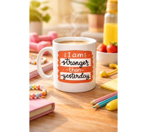 I Am Stronger Than Yesterday Motivasyon Kupası MODEL 136 – İlham Veren Tasarım, Porselen Kahve & Çay Kupası – Günlük Motivasyon Hediyesi