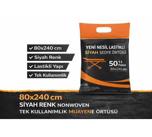 Yeni Nesil Lastikli Siyah Sedye Örtüsü 50’li 1 Paket 80x240 cm Nonwoven Tek Kullanımlık Muayene Örtüsü