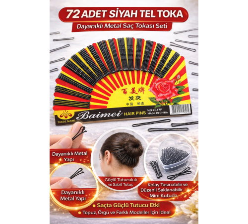 72 Adet Siyah Tel Toka Saç Tokası – Dayanıklı Metal Saç Teli Toka Seti