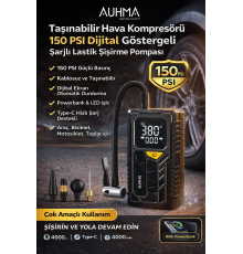 AUHMA A7777 Taşınabilir Hava Kompresörü 150 PSI Dijital Göstergeli Şarjlı Lastik Şişirme Pompası