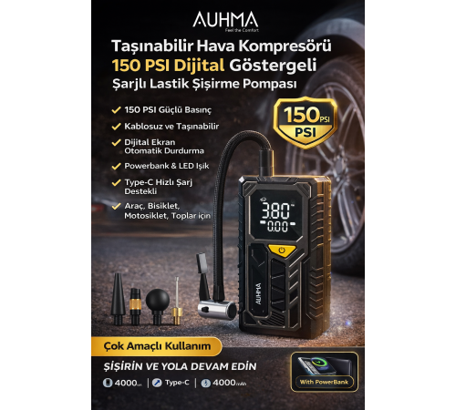 AUHMA A7777 Taşınabilir Hava Kompresörü 150 PSI Dijital Göstergeli Şarjlı Lastik Şişirme Pompası