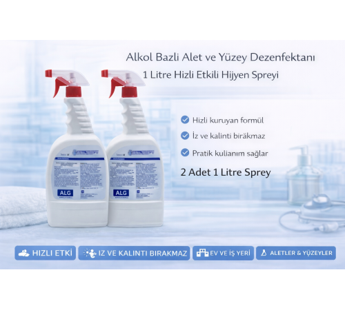 Alkol Bazlı Alet ve Yüzey Dezenfektanı 1 Litre Sprey 2 Adet