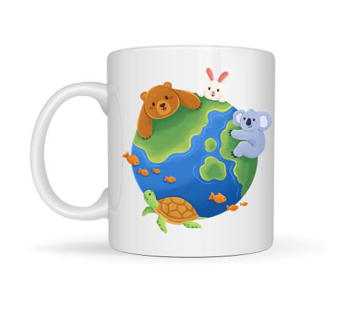 Dostluk Dünyası Desenli Porselen Kupa MODEL 74 – Sevimli Hayvanlar Temalı, Renkli ve Neşeli Tasarım